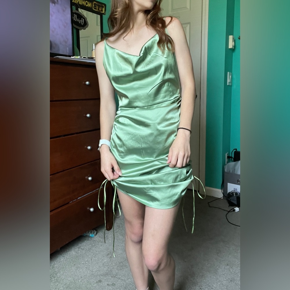 green silk dress
